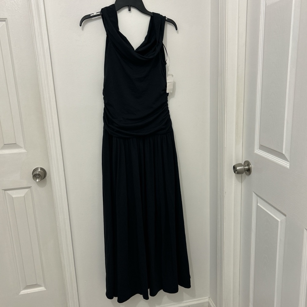 NWT Elegant Black Ruched Cowlneck Maxi Sleeveless Modal Blend A&F Dress Size LT
